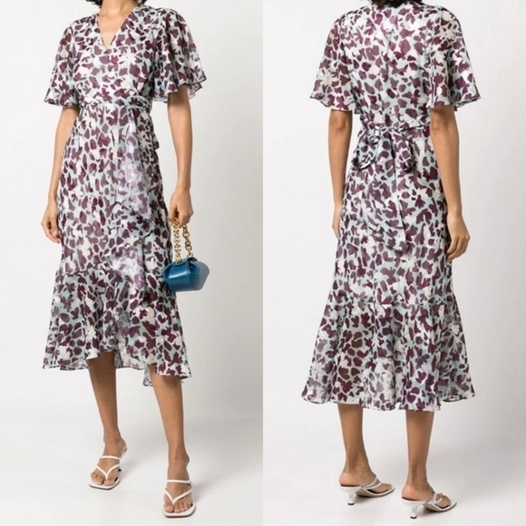 New Tanya Taylor Blaire Floral Wrap Leopard-Print Short-Sleeved Midi Dress Sz 4 - Picture 3 of 15